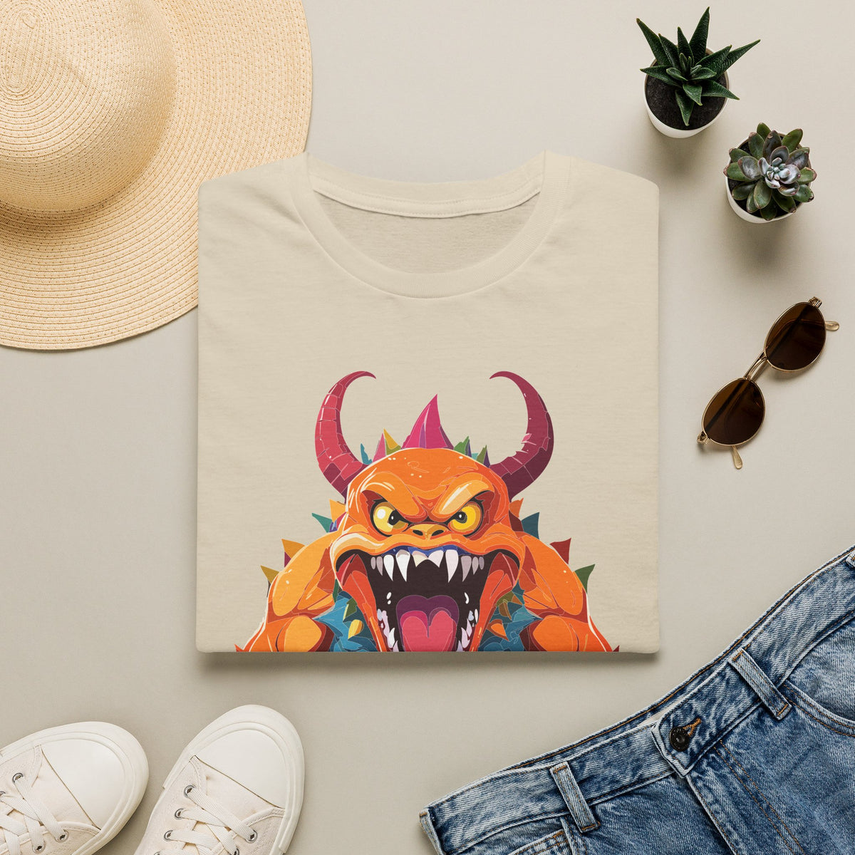 Monster Graphic T-Shirt — Fierce Orange Demon Design Cartoon Graphic Tee Unisex 100 Cotton Gildan T-Shirt