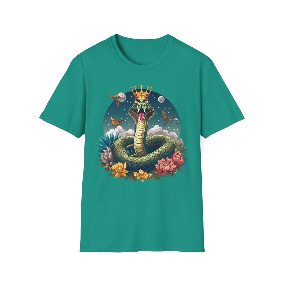 Crowned Snake Illustration T-Shirt | Regal Serpent, Floral Night Scene