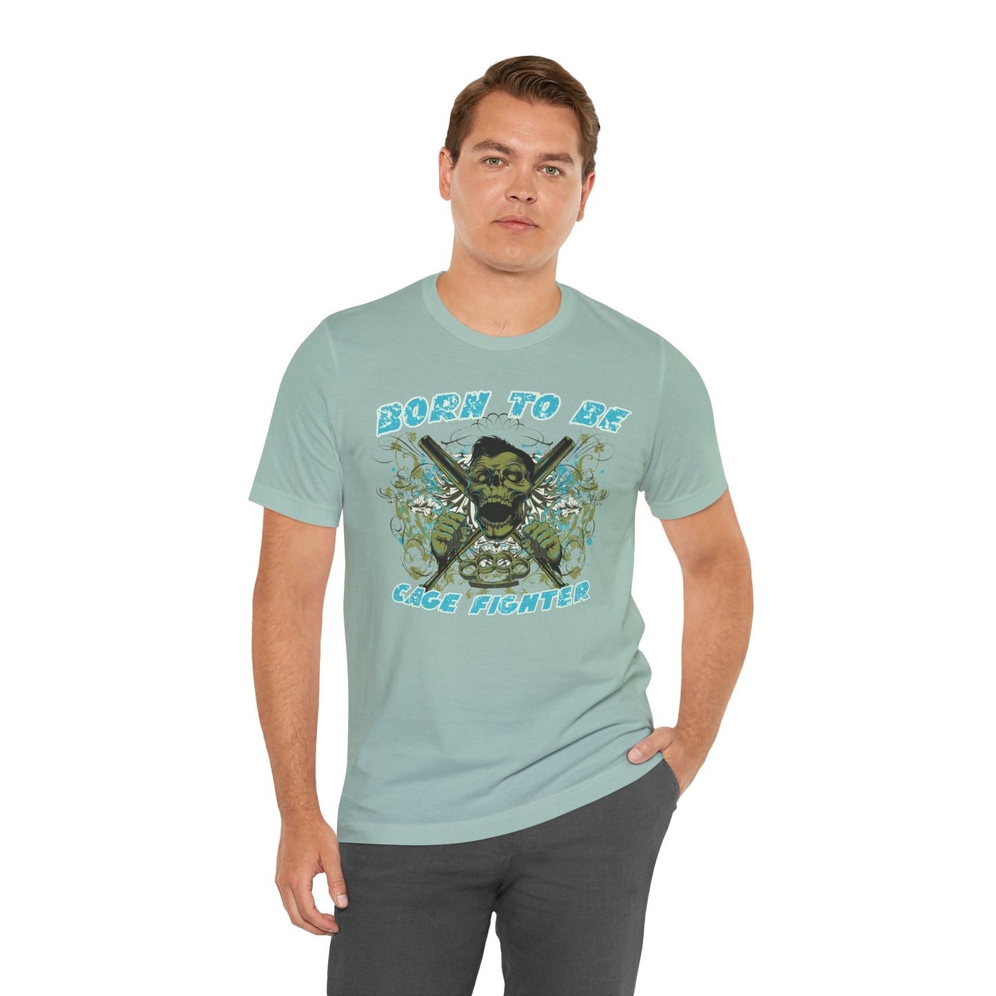 Born To Be Cage Fighter Tee Skull Crossed Knives Graphic T-Shirt