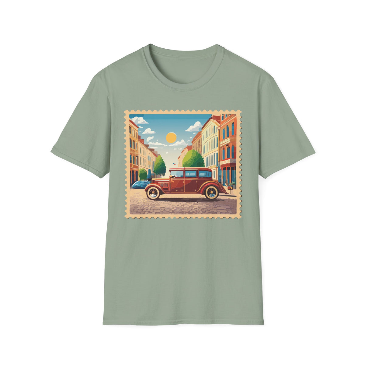 Vintage City Street Illustration T-Shirt | Retro Car, Sunny Urban Graphic Tee Unisex 100 Cotton Gildan T-Shirt
