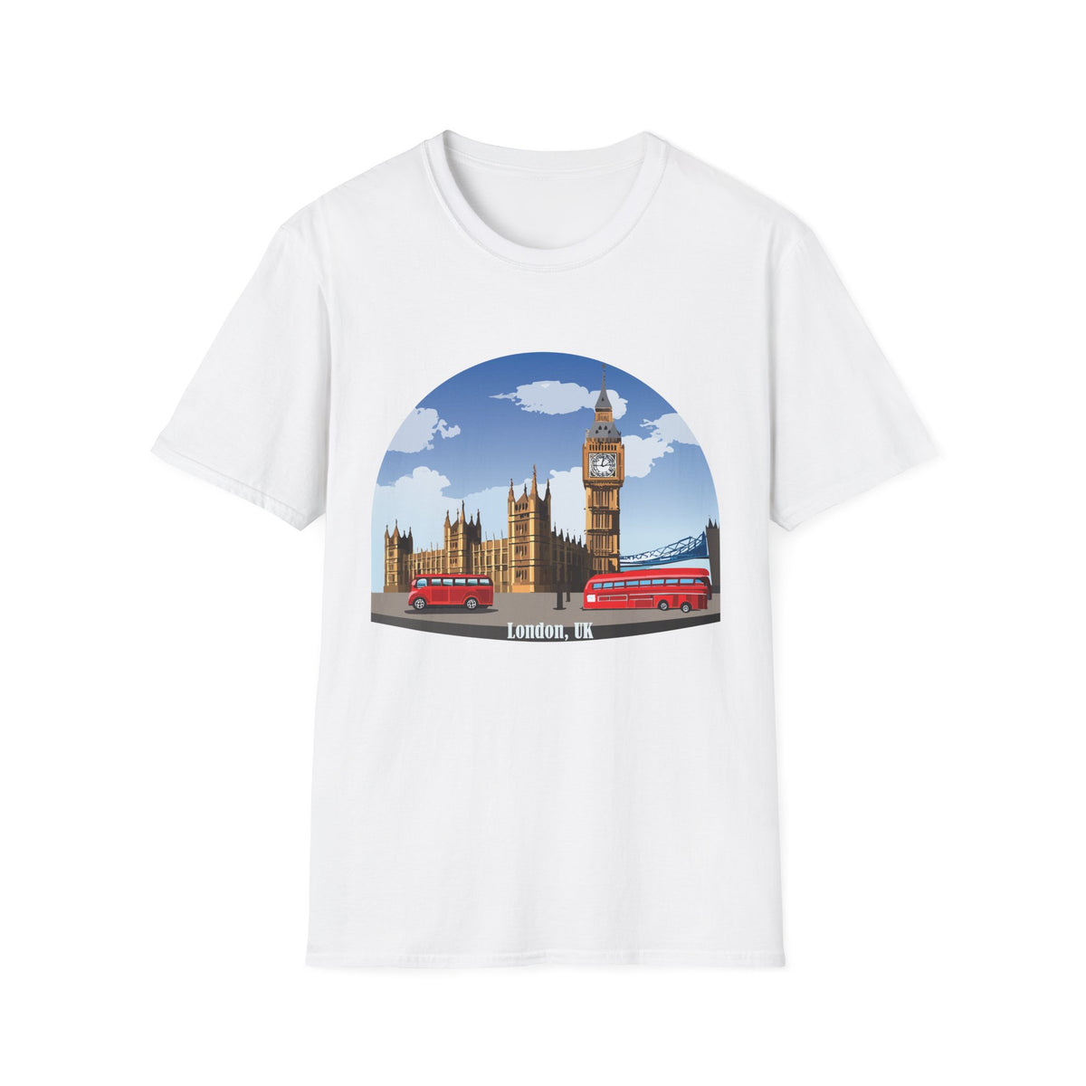 London Skyline Big Ben Illustration T-Shirt | Double Decker Bus, Bridge