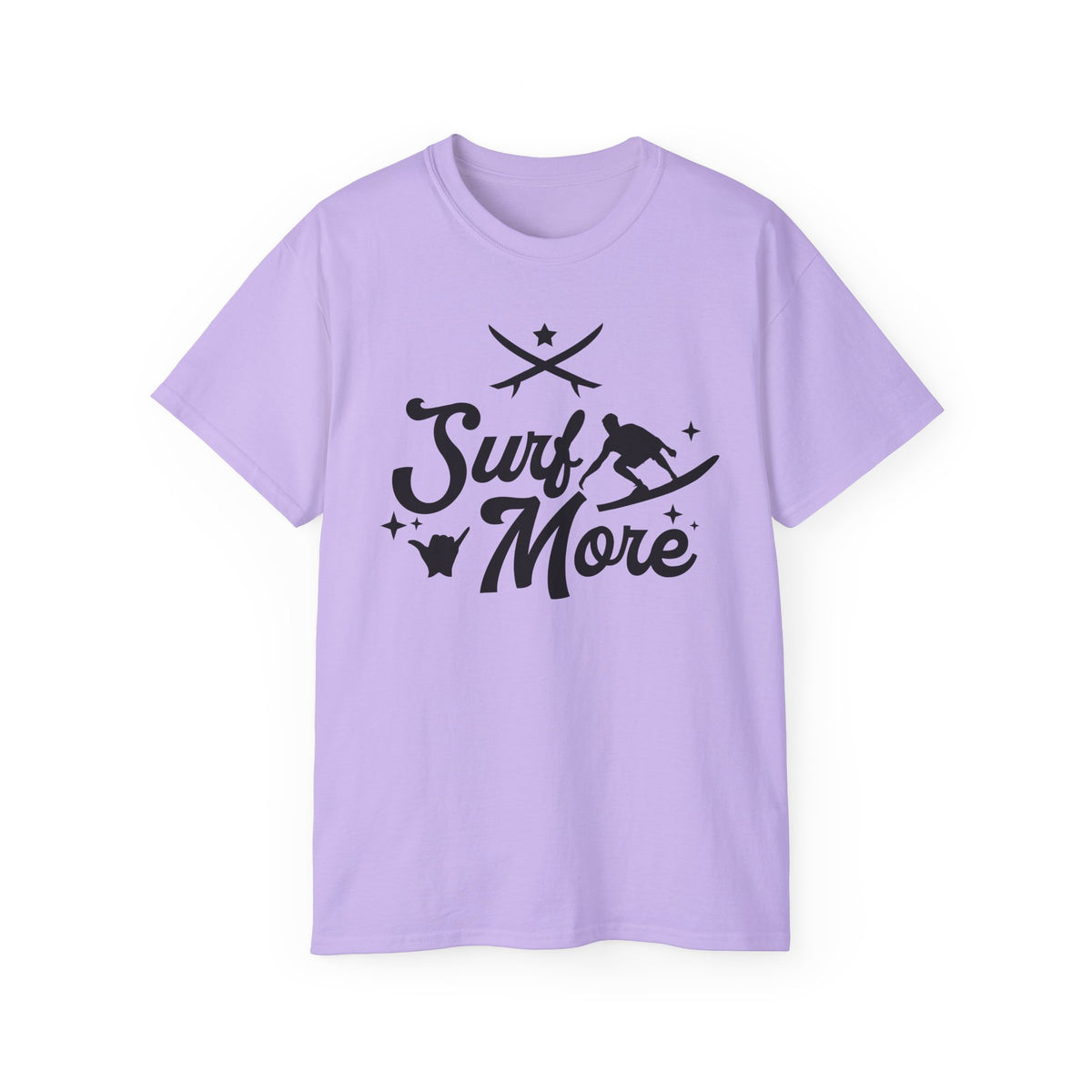 Surf More surfboard graphic Tee | surfer silhouette, waves, retro script
