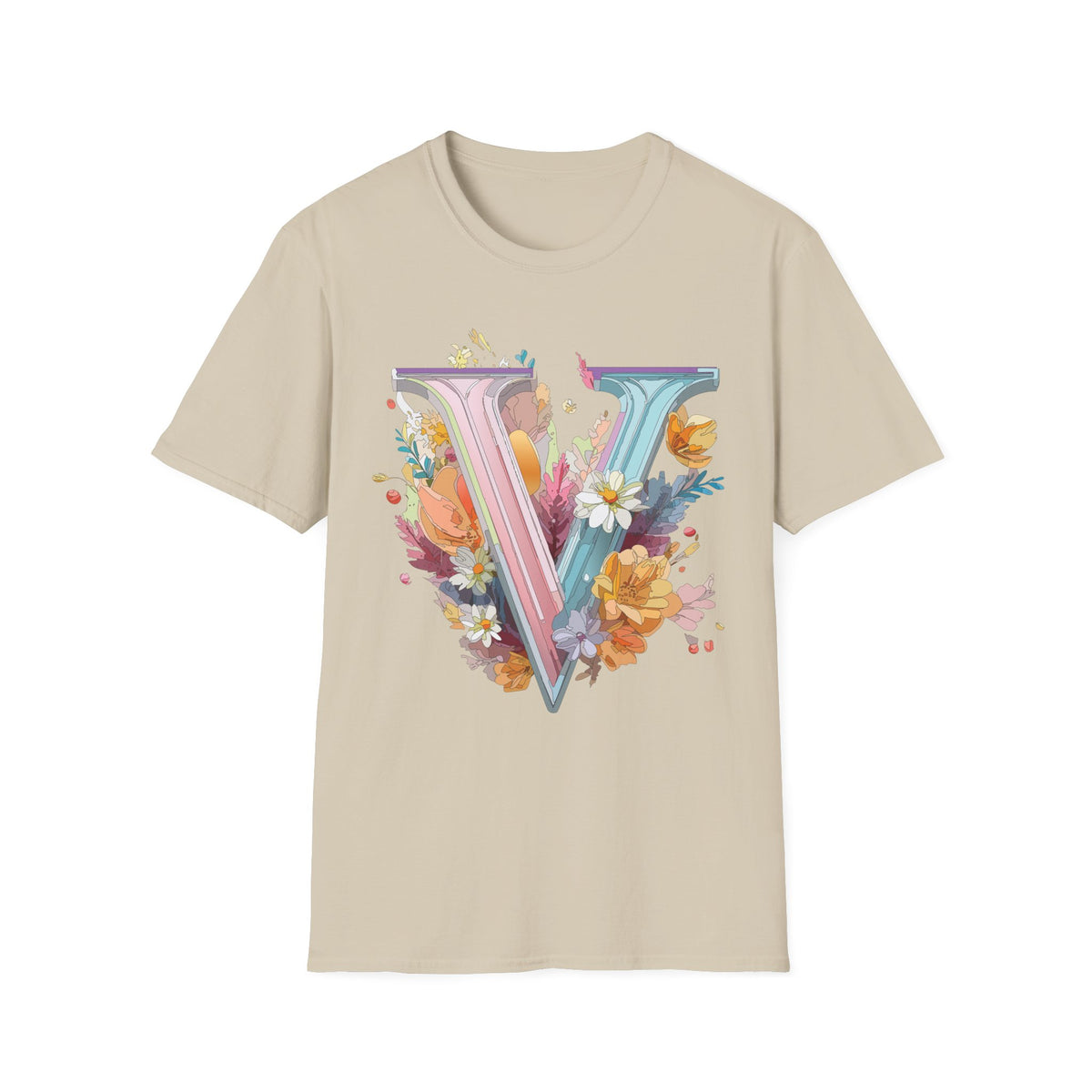 Floral Letter V T-Shirt | Pastel Botanical Initial Tee