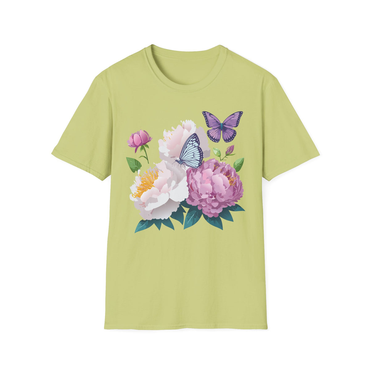 Floral Peonies & Butterflies T-Shirt — pastel garden tee for spring, Mother's Day Graphic Tee Unisex 100 Cotton Gildan T-Shirt