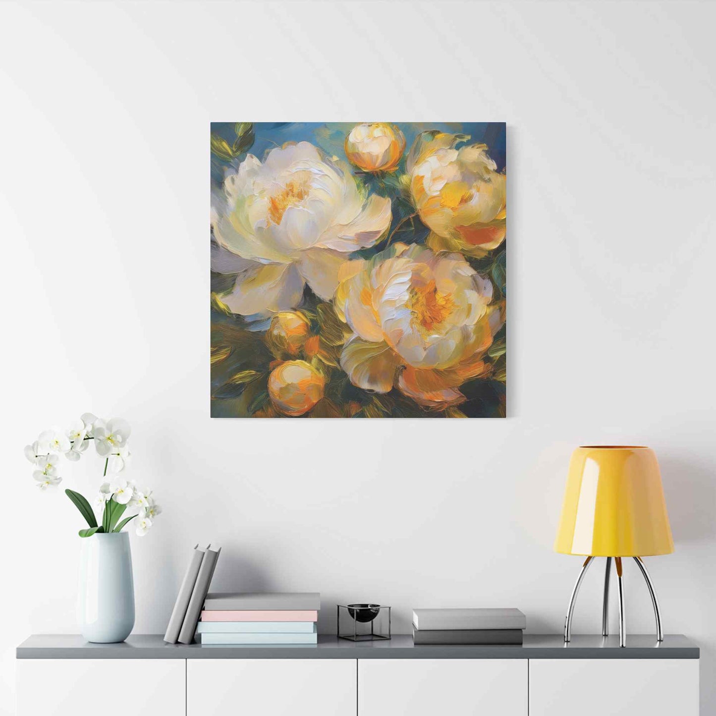 Cream Peonies Print Canvas, Floral Oil Paint Print 20x20, 24x24, 30x30, 32x32, 36x36 Art Design Pine-Wood Inner Frame MC-125