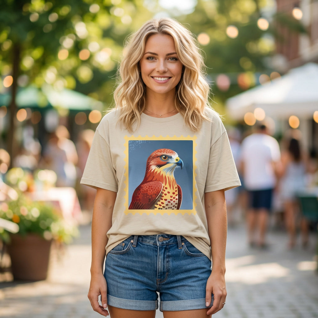 Red Hawk Portrait T-Shirt | Falcon Stamp Graphic Tee Unisex 100 Cotton Gildan T-Shirt