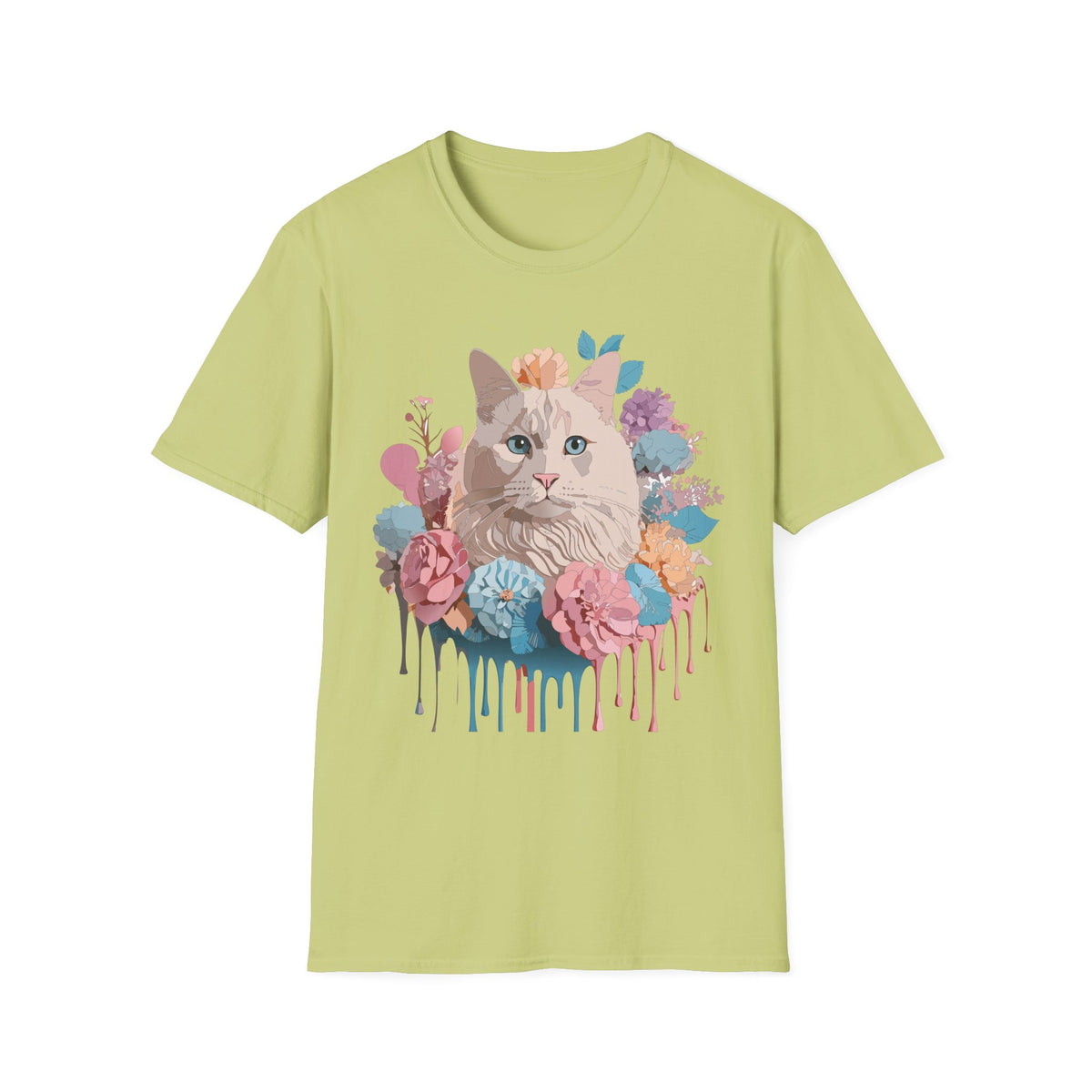 Floral Cat Portrait T-Shirt | Watercolor Kitty with Flowers
