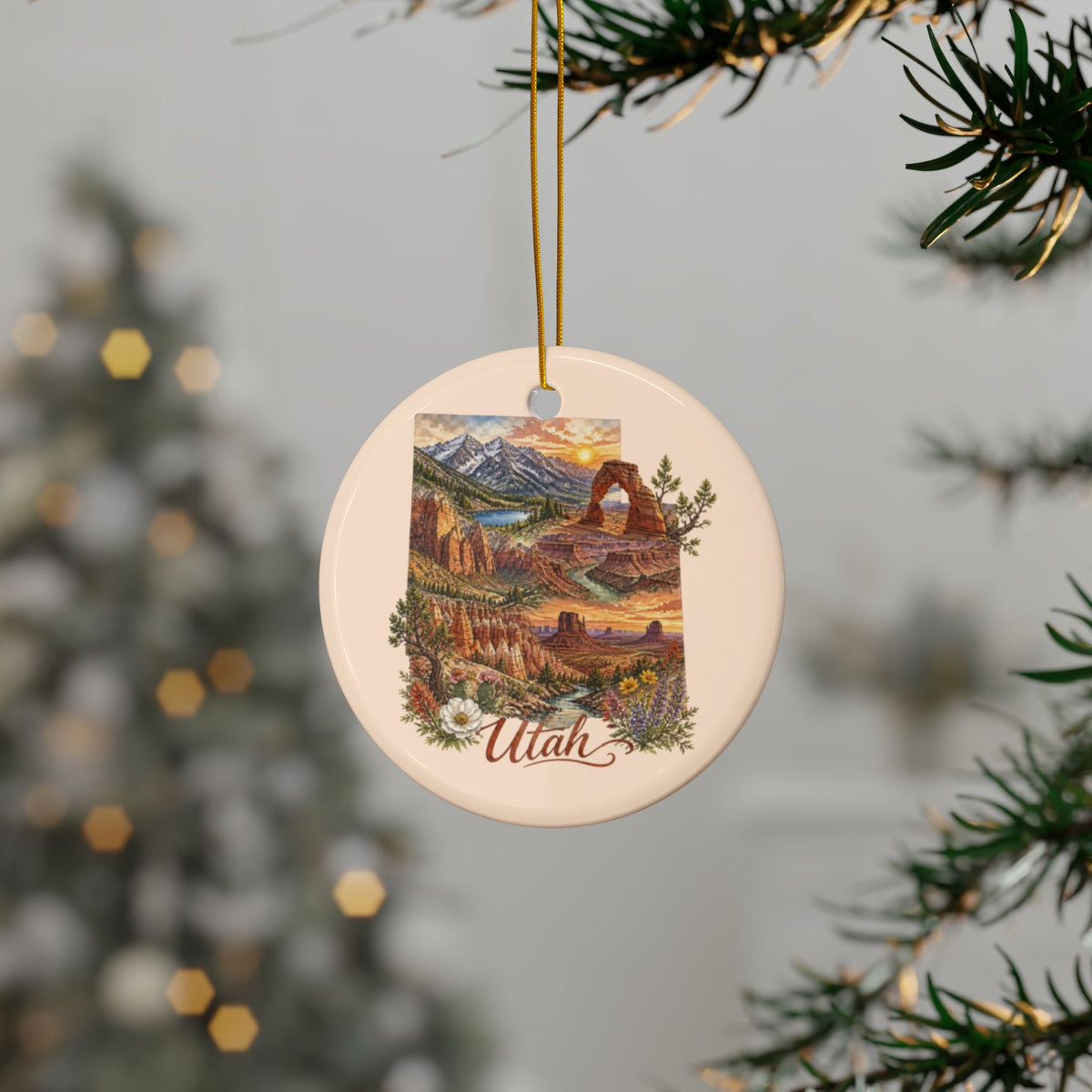 Utah Landscape Ornament | Ceramic Round Ornament, Two-Sided Print - 2.99" Includes Gold String