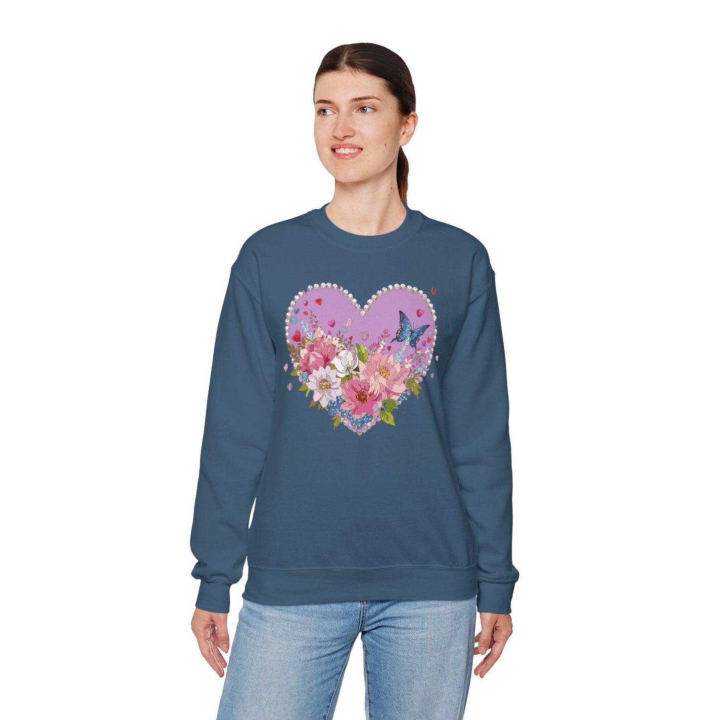 Floral Heart Sweatshirt Unisex Crewneck Valentines Day Heavy Blend Gildan 18000 Cozy Warm