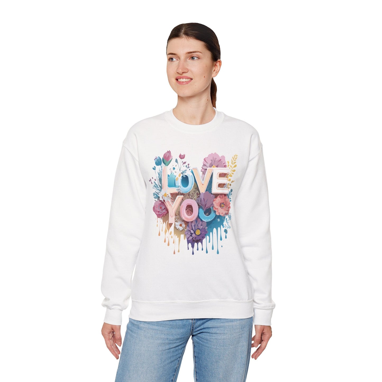 Floral Love Sweatshirt Unisex Heavy Blend Crewneck Valentine Day Flower Print Cozy Fleece Warm Gift