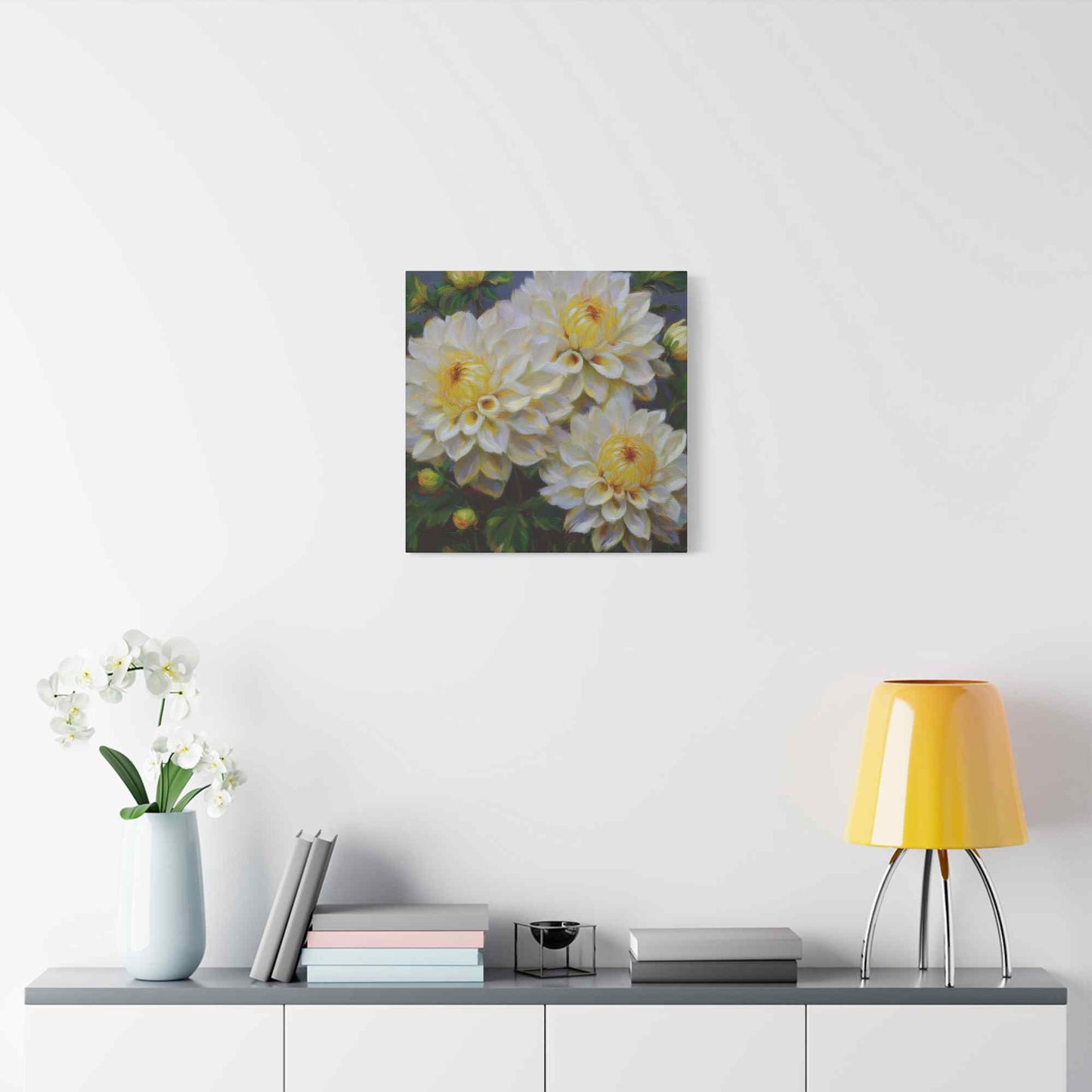 White Dahlias Print Canvas, Floral Oil Paint Print 20x20, 24x24, 30x30, 32x32, 36x36 Art Design Pine-Wood Inner Frame MC-168