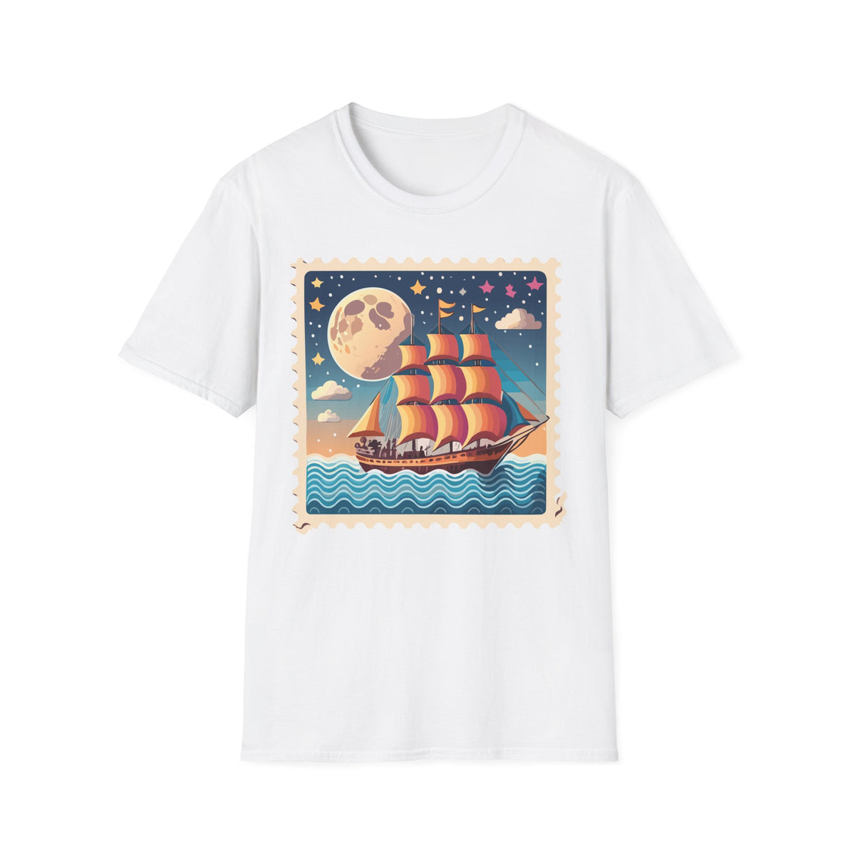 Vintage Sailboat Moon Illustration T-Shirt | Nautical Night Sky