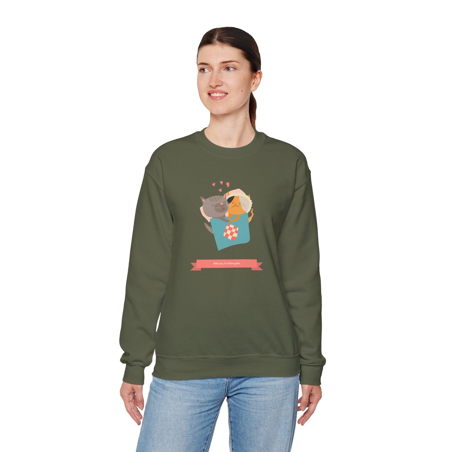 Cat Heart Sweatshirt Unisex Valentines Day 50 50 Cotton Poly Crewneck Gildan 18000