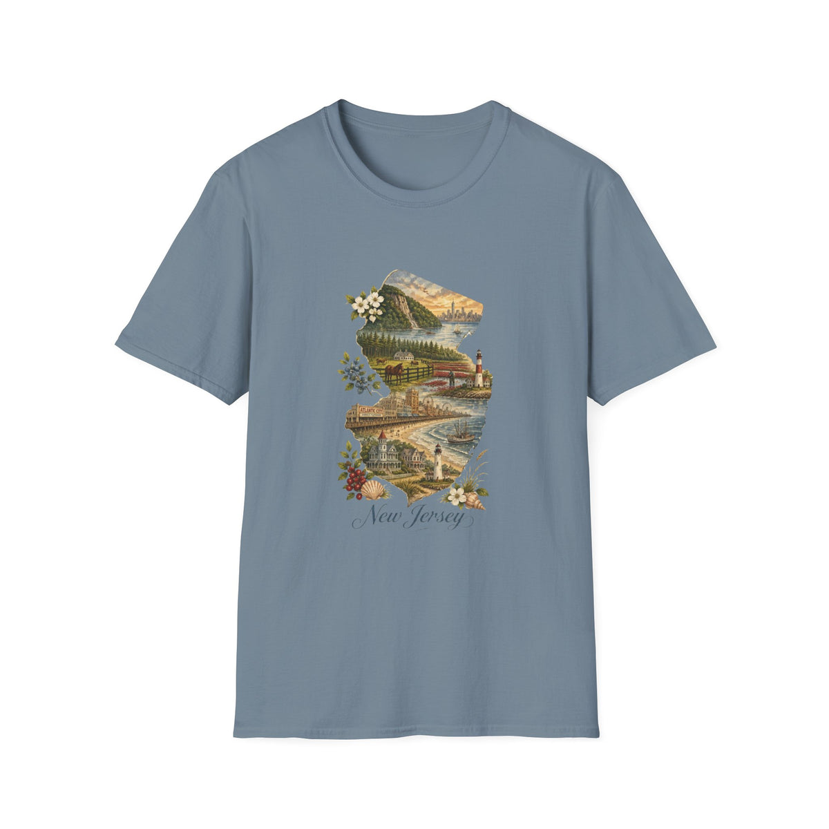 New Jersey Scenic Map T-Shirt — Vintage Travel Tourist Graphic Design Unisex 100 Cotton Gildan T-Shirt