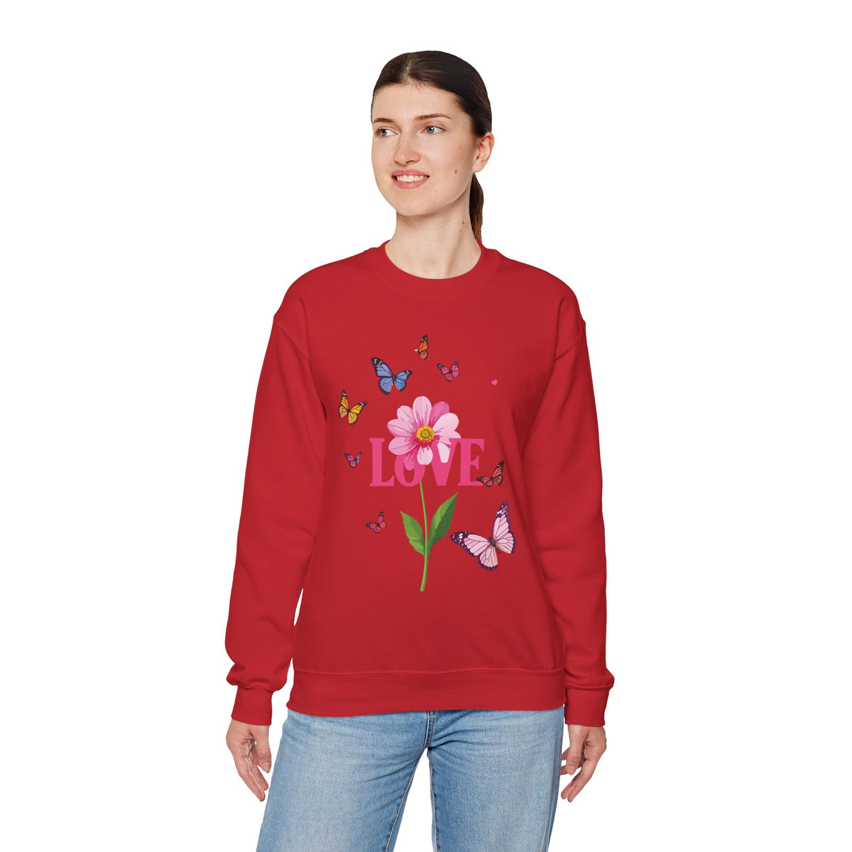 Unisex Floral Love Sweatshirt, Love Floral Sweatshirt, Floral Butterfly Sweatshirt, 50/50 Cotton-Poly Valentine's Day Sweatshirt 01