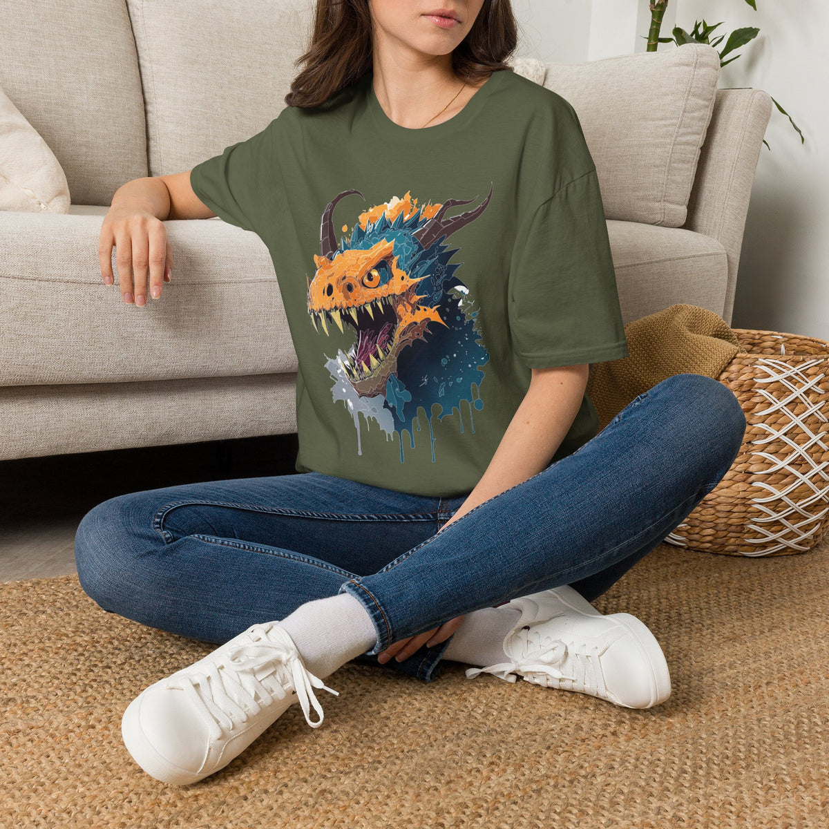 Dragon Head Graphic T-Shirt — Fiery Monster Art Cartoon Graphic Tee Unisex 100 Cotton Gildan T-Shirt