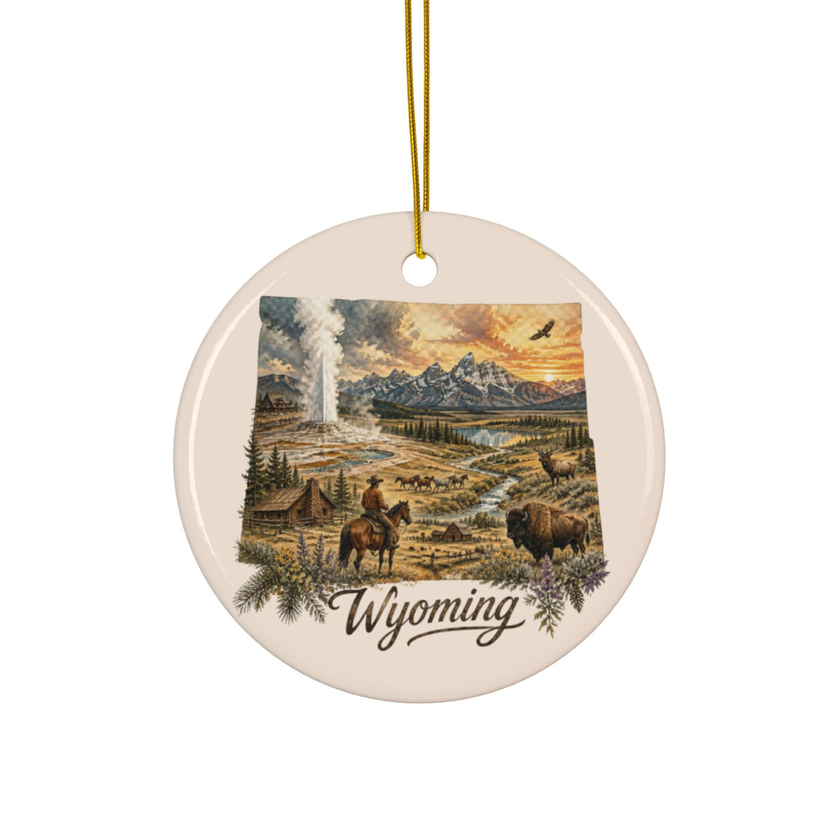 Wyoming Landscape Ceramic Ornament | State Scene Double-Sided - 2.99" Includes Gold String