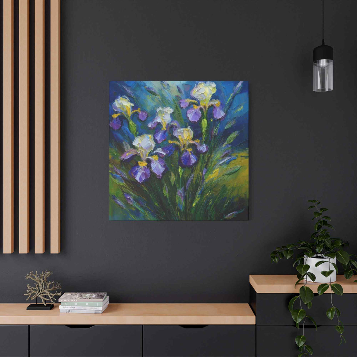 Irises Floral Print Canvas, Floral Oil Paint Print 20x20, 24x24, 30x30, 32x32, 36x36 Art Design Pine-Wood Inner Frame MC-185