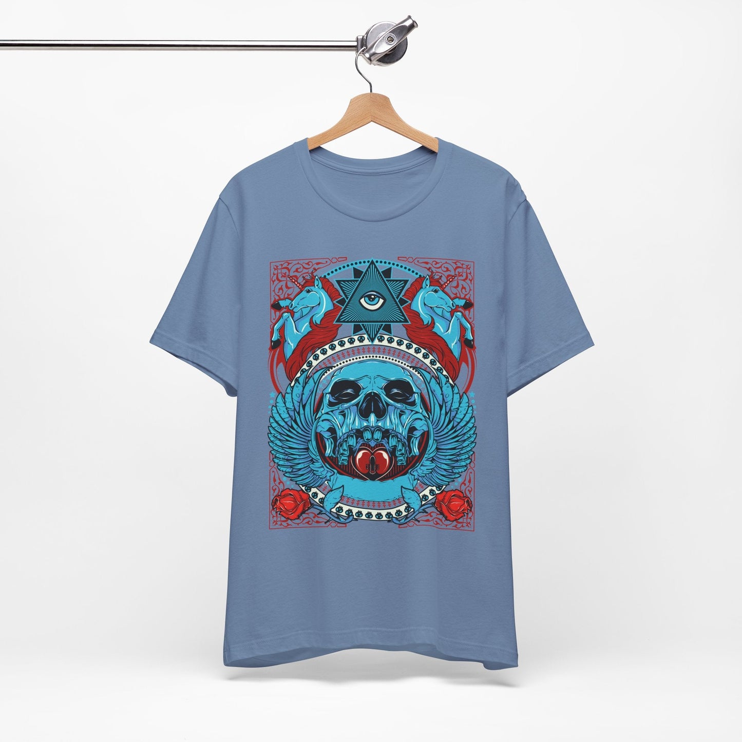 All-Seeing Skull Illustration Tee Winged Skull Third Eye Roses T-Shirt