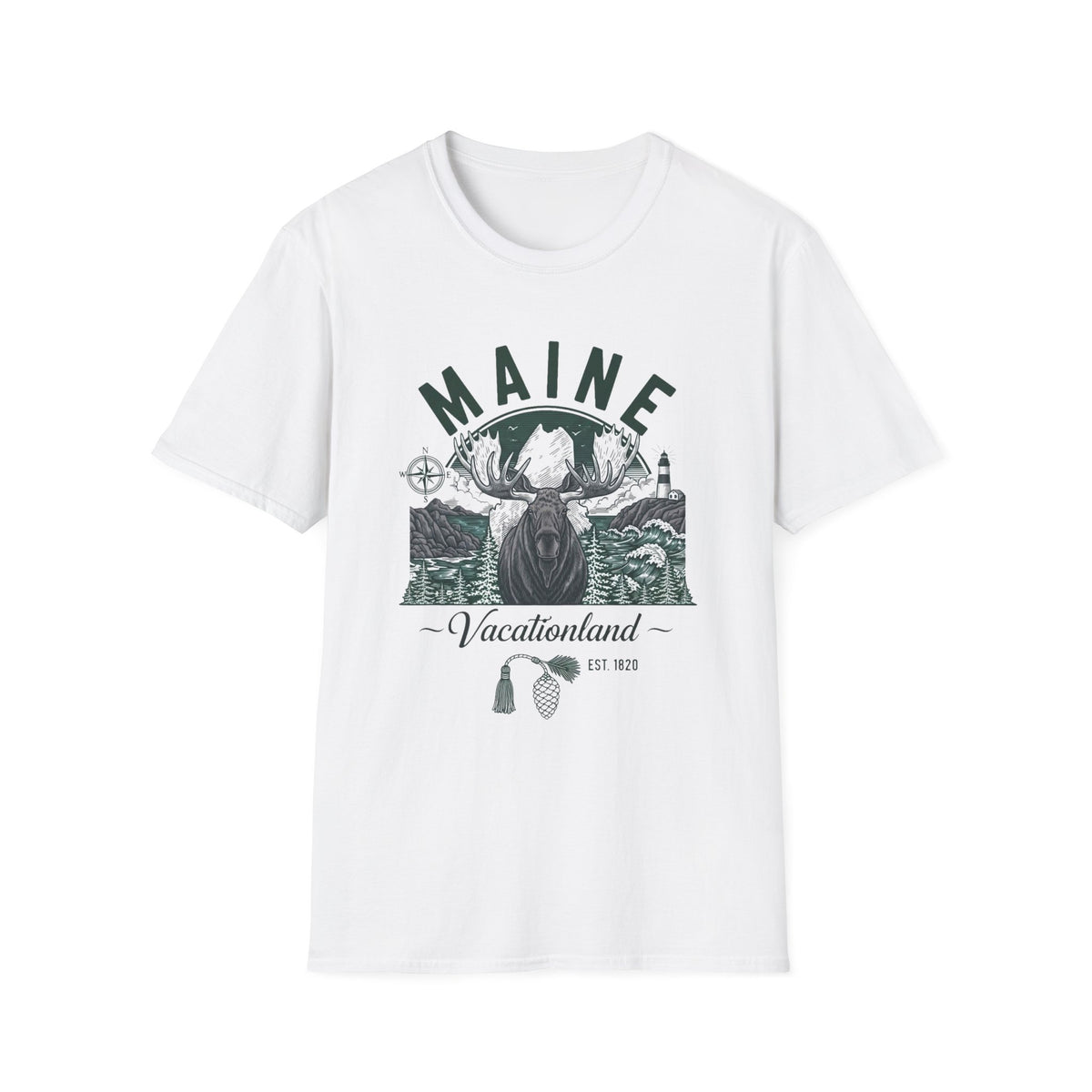 Maine Vacationland Moose T-Shirt — Rustic Coastal State Pride Tee Travel Tourist Graphic Design Unisex 100 Cotton Gildan T-Shirt