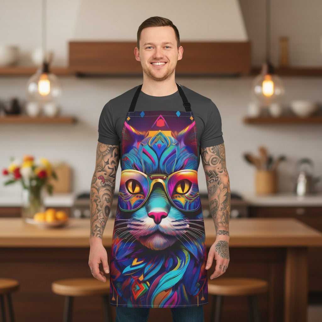 Colorful Cat Apron — Vibrant Sunglasses Cat Kitchen Apron (Gift for Cat Lovers) Stain-resistant 31.5 x 25.6 | Art Print Canvas Apron
