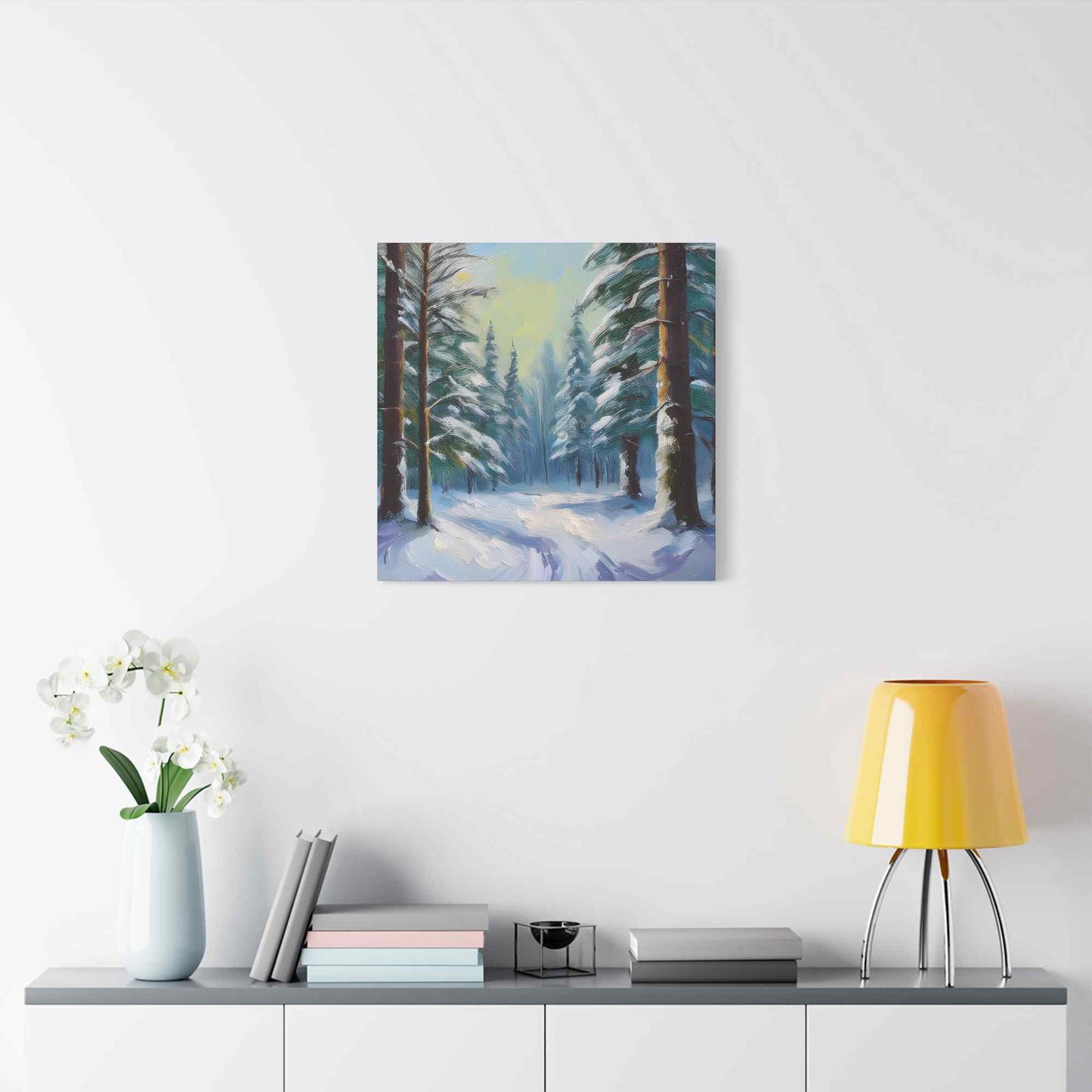 Snow Forest Print Canvas, Oil Paint Print 20x20, 24x24, 30x30, 32x32, 36x36 Art Design Print Pine-Wood Inner Frame MC-77