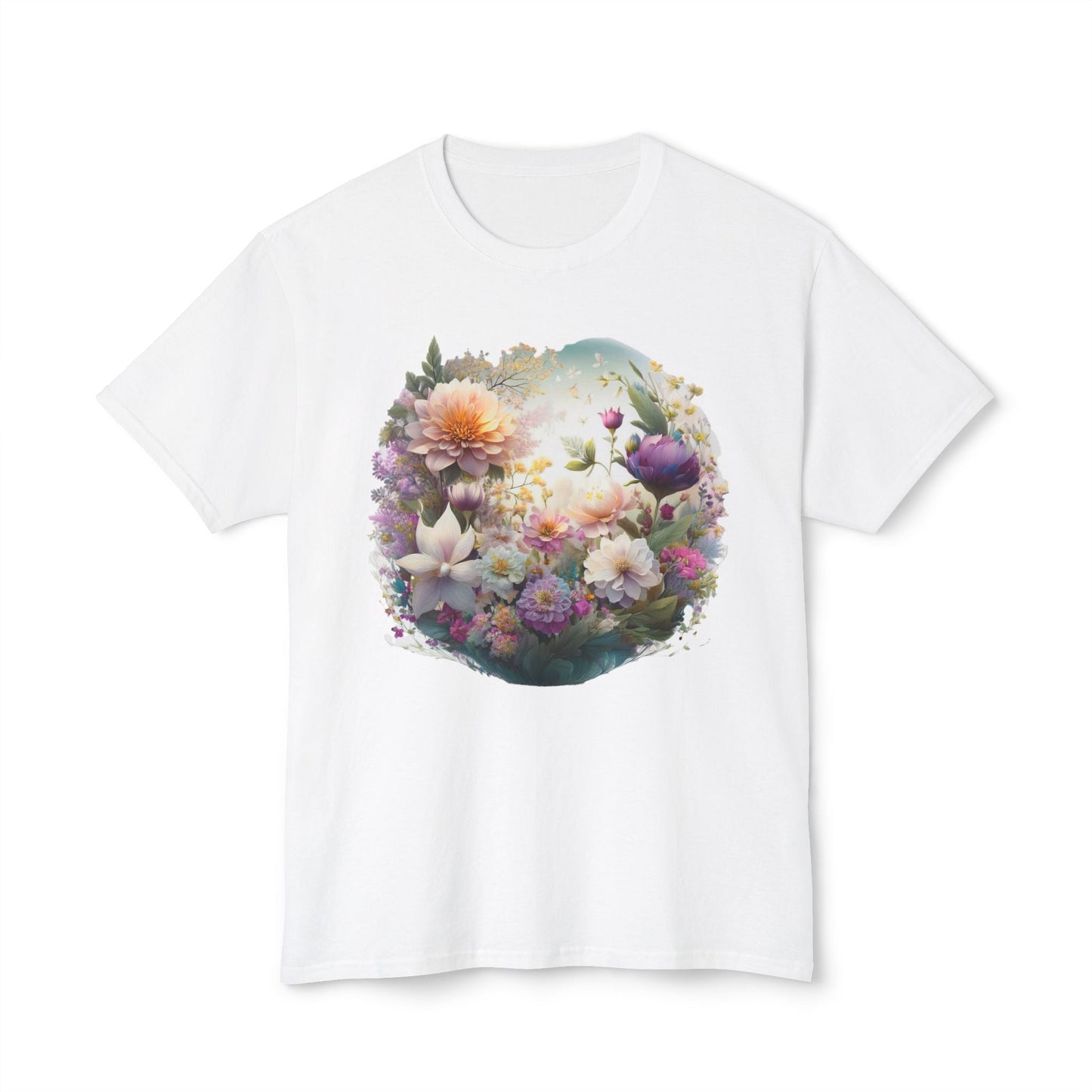 Unisex Floral Art T Shirt With Vintage Flower Print On 100 Percent HD Cotton Tee Made In USA