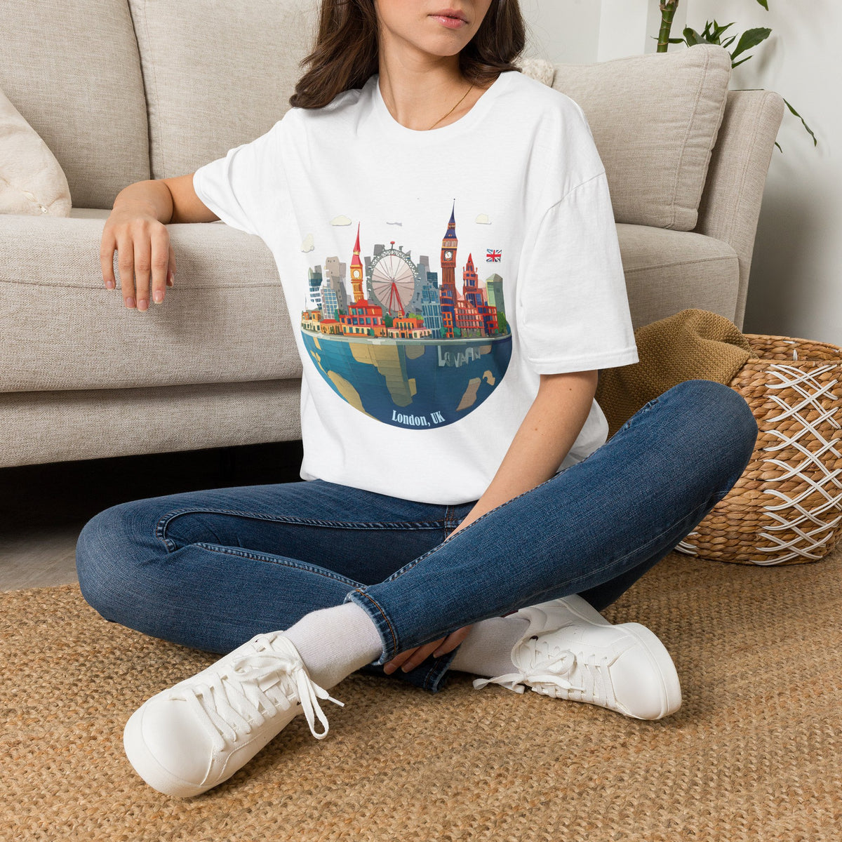 London Skyline Illustration T-Shirt | Big Ben, London Eye, Union Jack