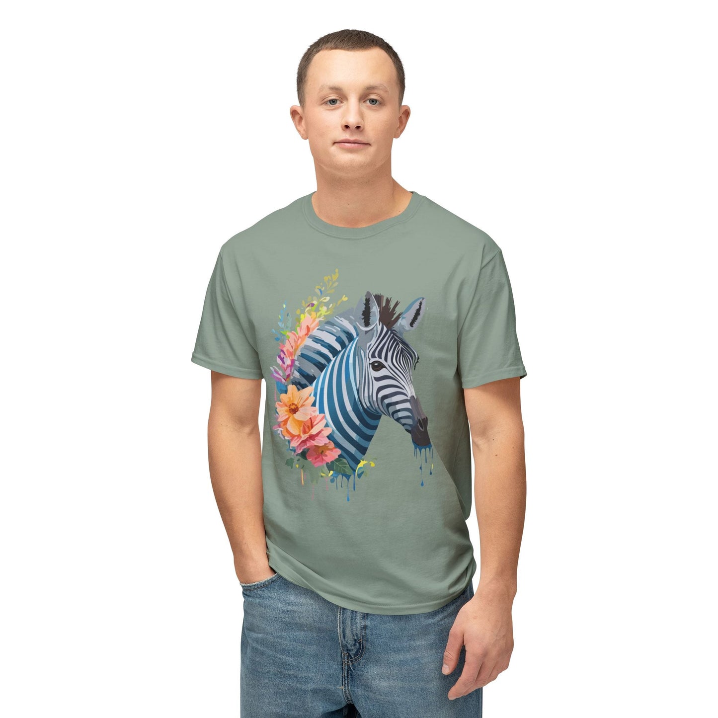 Unisex Zebra Art Print T Shirt 100 Percent Cotton Vintage Floral Design Tee Made In USA