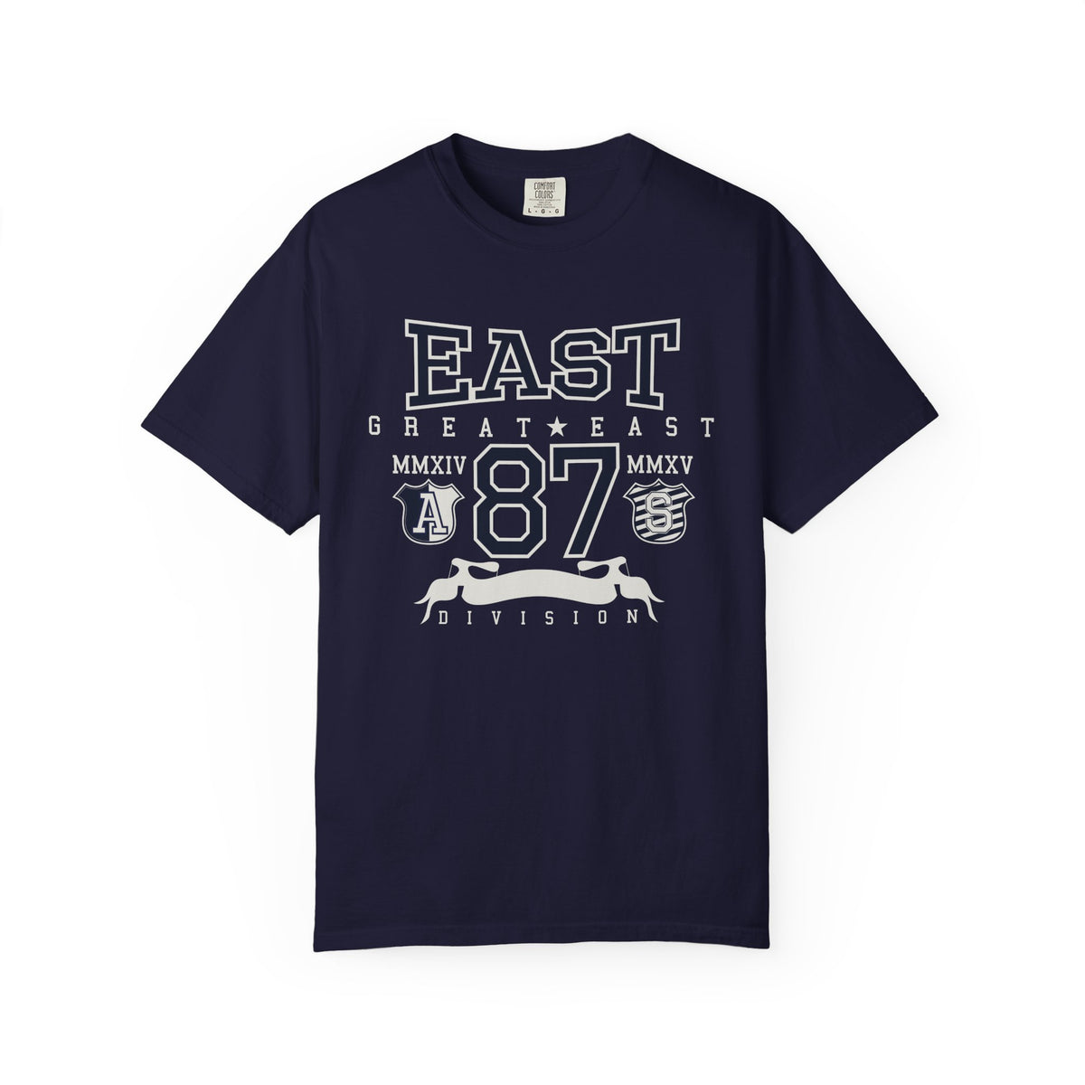 87-East-Varsity-College Graphic Unisex Comfort Colors Garment-Dyed Heavyweight 100 Cotton Art Design T-Shirt w17
