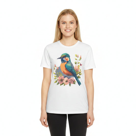 Bird Floral T-Shirt Colorful Watercolor Songbird Tee Unisex Cotton Short Sleeves Tee Shirt with Bird 10
