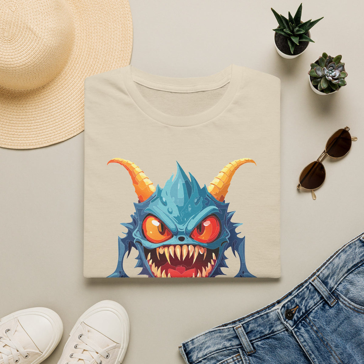 Monster Graphic T-Shirt — Cute Scary Blue Demon Tee for Halloween & Gamer Fans Cartoon Graphic Tee Unisex 100 Cotton Gildan T-Shirt