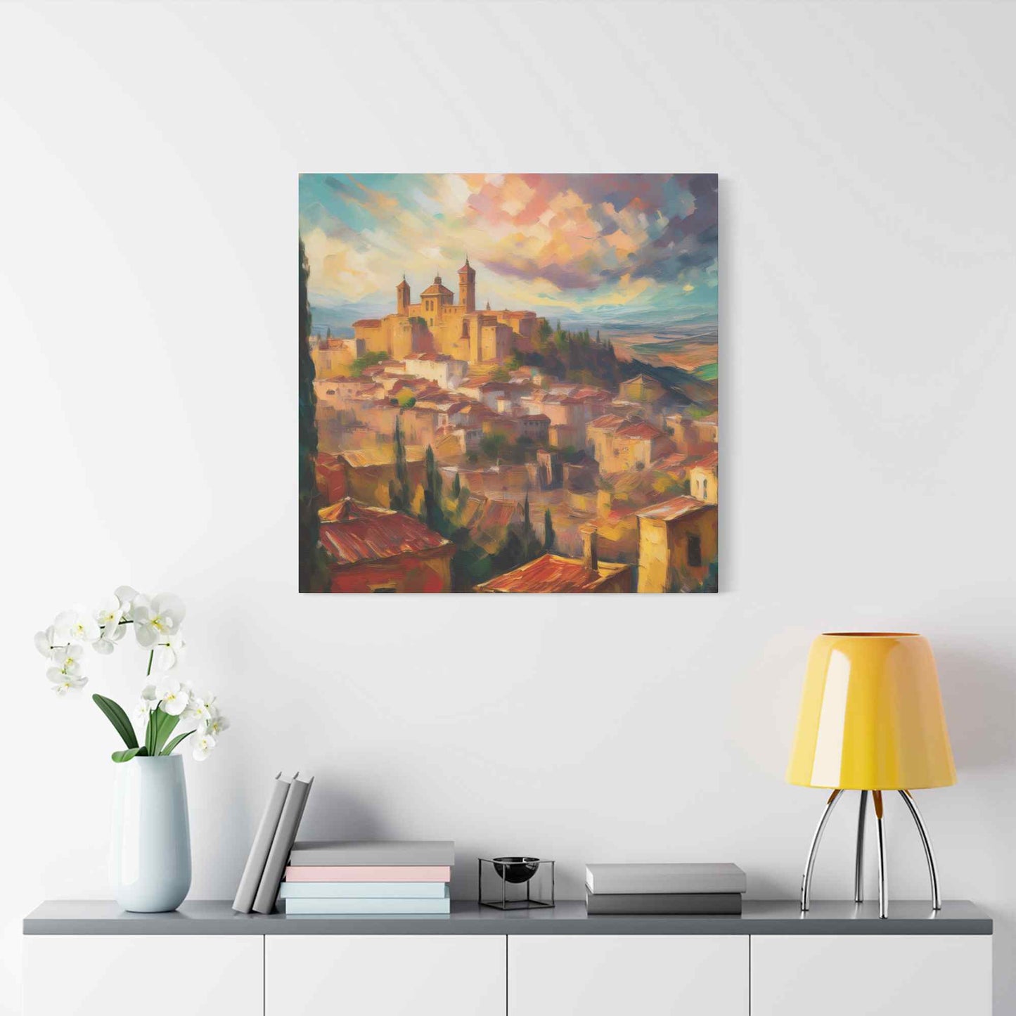 Spanish City Print Canvas, Oil Paint Print 20x20, 24x24, 30x30, 32x32, 36x36 Art Design Print Pine-Wood Inner Frame MC-58