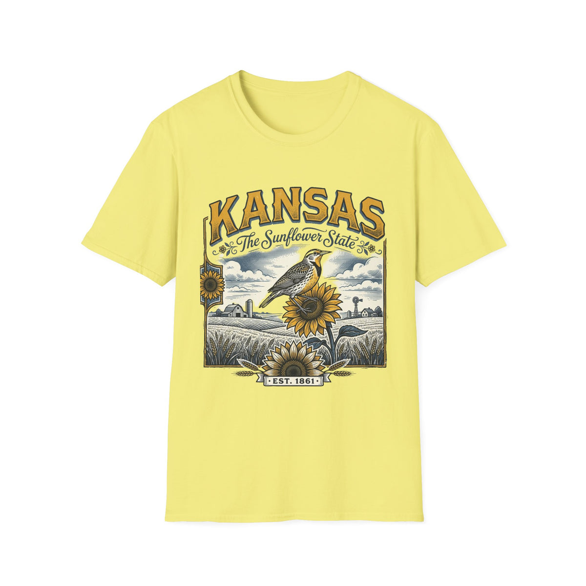 Kansas The Sunflower State T-Shirt | Vintage Meadow Bird Sunflower Design