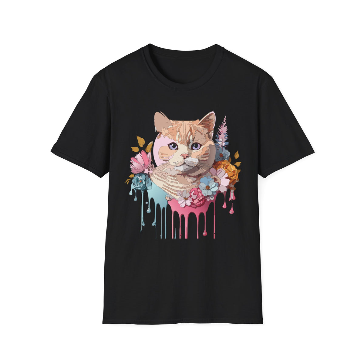 Floral Ginger Cat Portrait T-Shirt | Painted Cat Face with Flowers