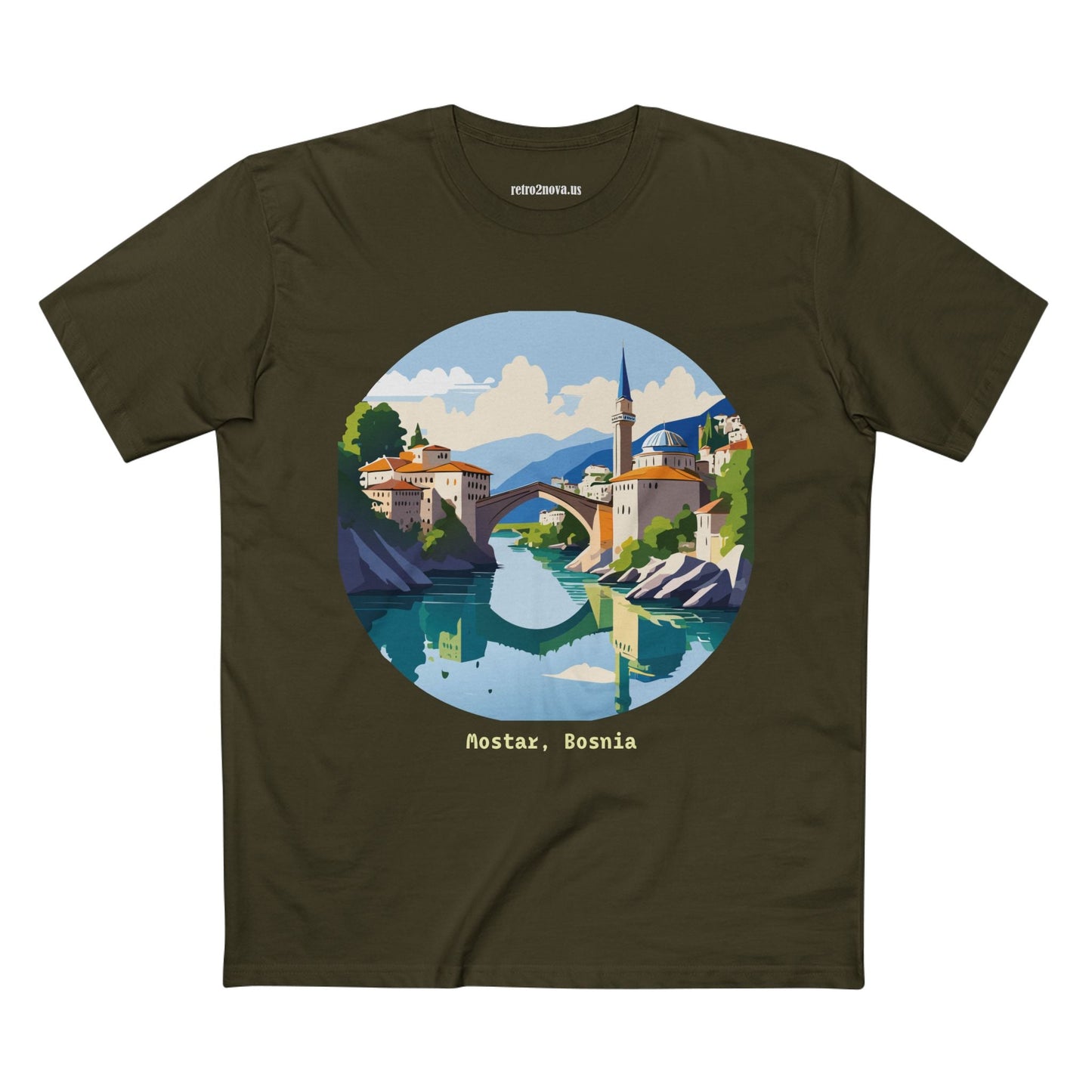 Unisex Premium Cotton Tee With Original Art Design Retro2Nova Travel And Bosnia Theme Shirt
