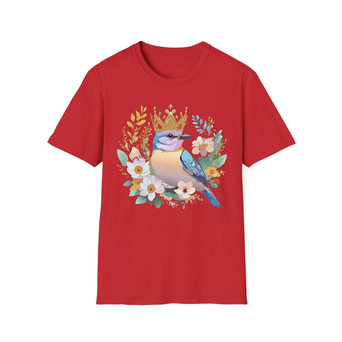 Crowned Bluebird Illustration T-Shirt | Floral Bird Crown Design