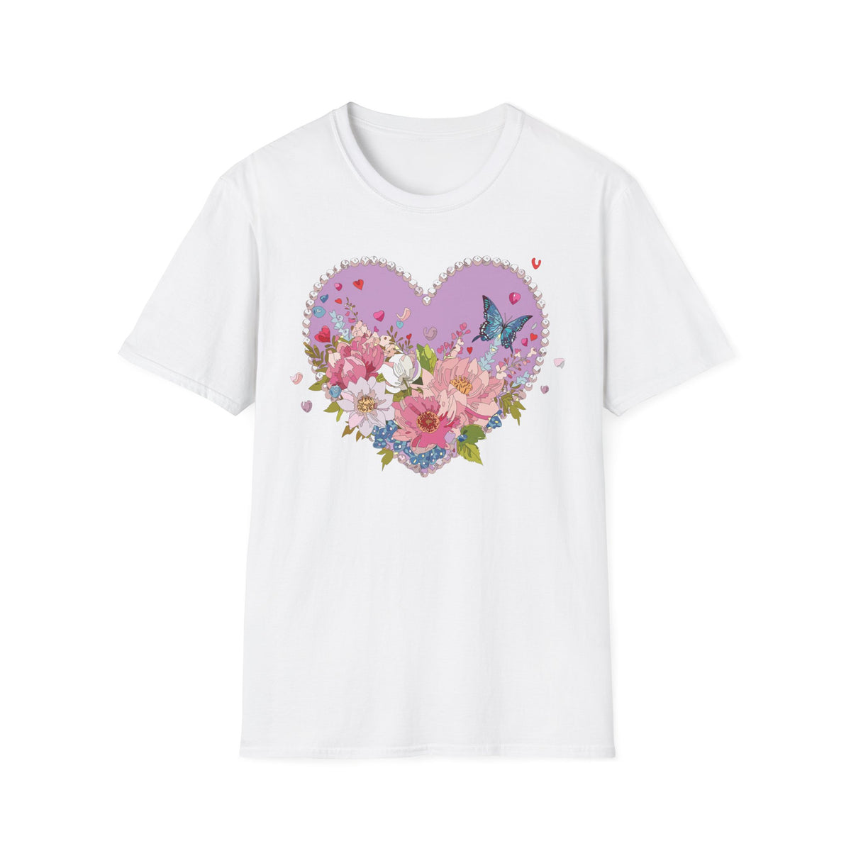 Floral Heart with Butterfly T-Shirt | Pink Flower Bouquet Tee