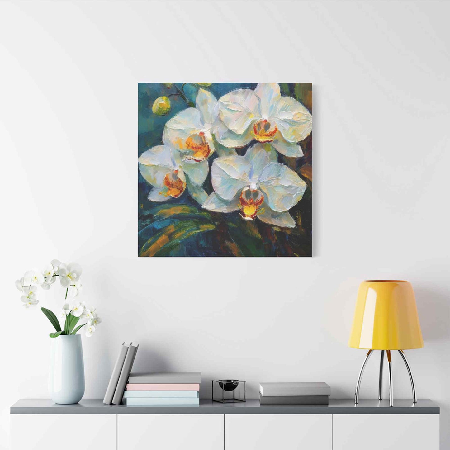 White Orchids Print Canvas, Floral Oil Paint Print 20x20, 24x24, 30x30, 32x32, 36x36 Art Design Pine-Wood Inner Frame MC-135