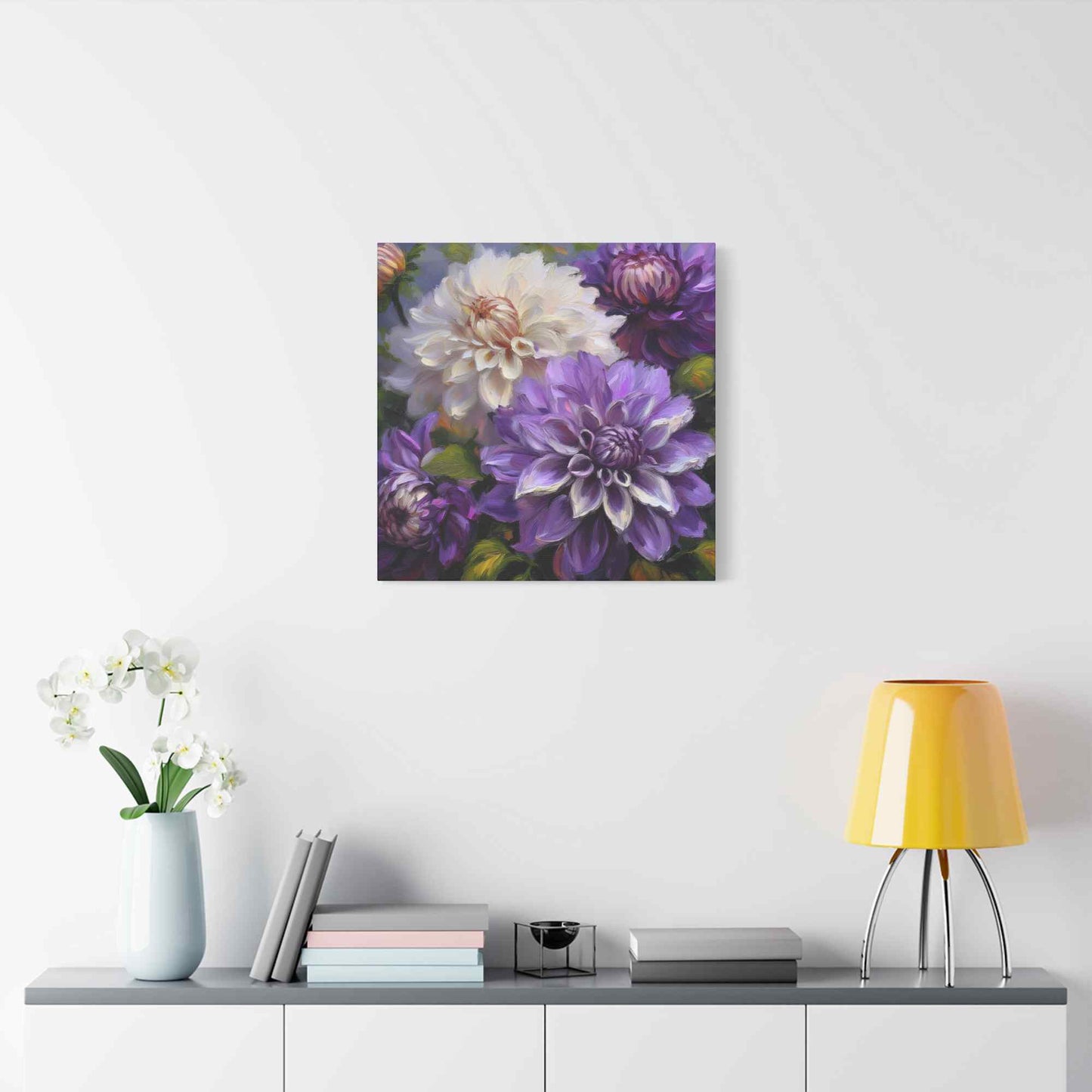 Dahlias Floral Print Canvas, Floral Oil Paint Print 20x20, 24x24, 30x30, 32x32, 36x36 Art Design Pine-Wood Inner Frame MC-172