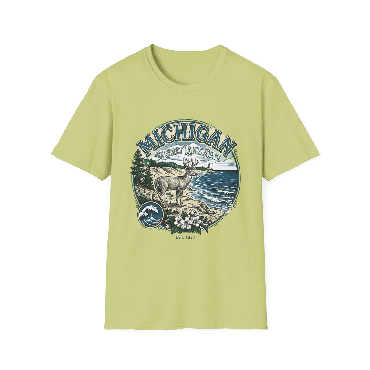 Michigan Deer Scenic T-Shirt — Vintage Great Lakes Travel Tourist Graphic Design Unisex 100 Cotton Gildan T-Shirt