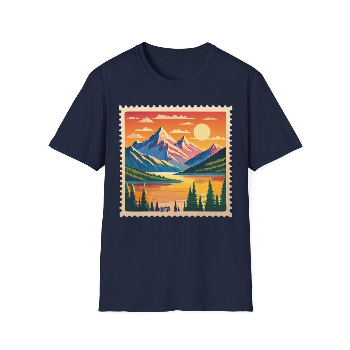 Sunset Mountain Landscape T-Shirt | Vintage Stamp Style