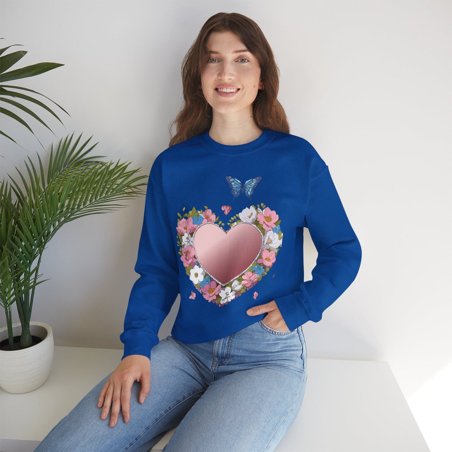 Unisex Floral Heart Sweatshirt Valentines Day Love Crewneck Gildan 18000 50/50 Cotton Polyester