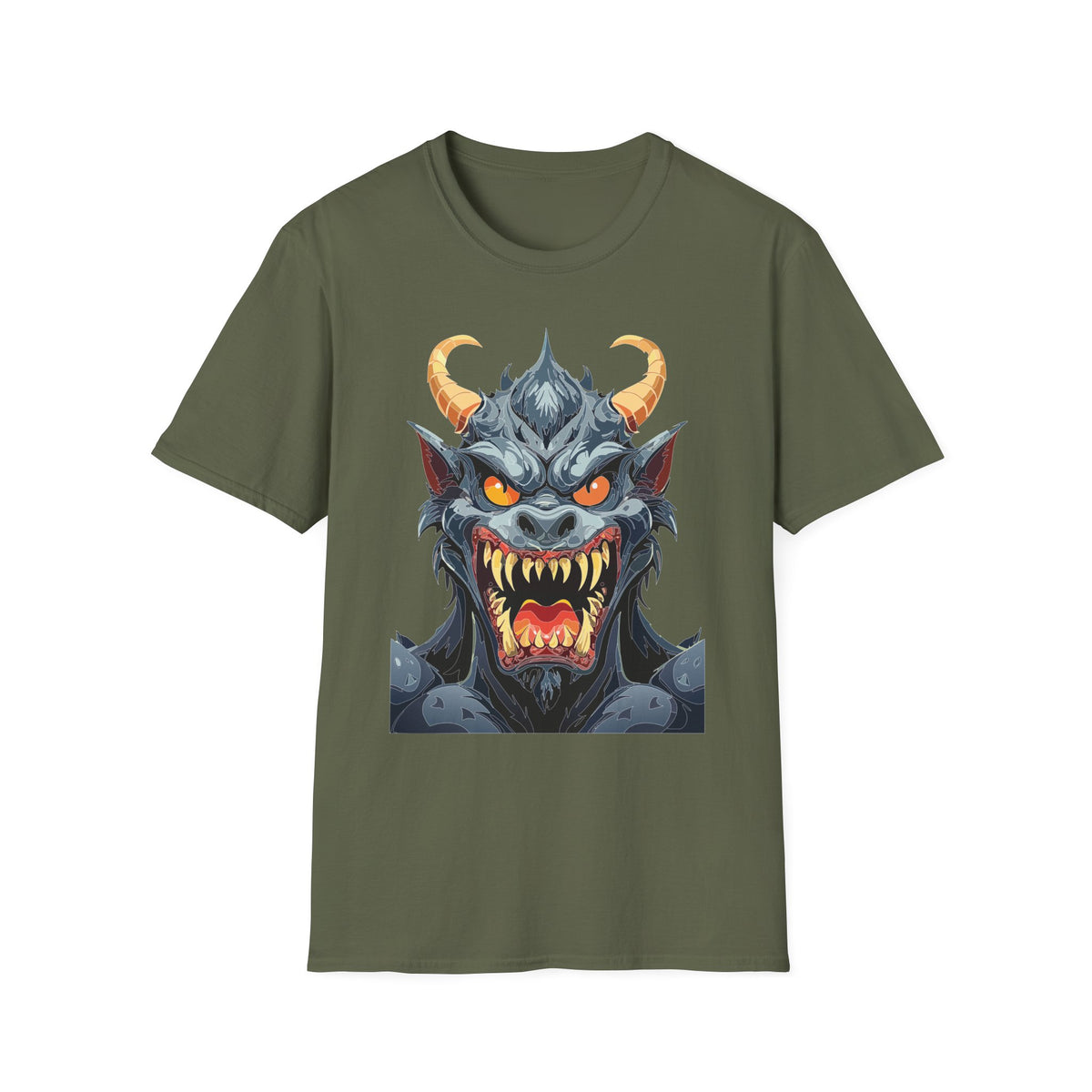 Demonic Monster Face T-Shirt — Fierce Horned Demon Cartoon Graphic Tee Unisex 100 Cotton Gildan T-Shirt