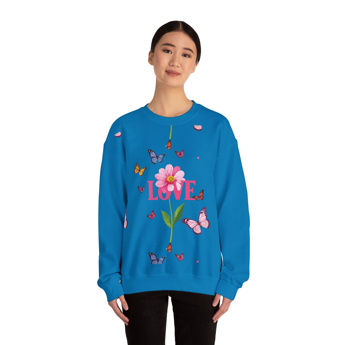 Unisex Floral Love Sweatshirt, Love Floral Sweatshirt, Floral Butterfly Sweatshirt, 50/50 Cotton-Poly Valentine's Day Sweatshirt 01