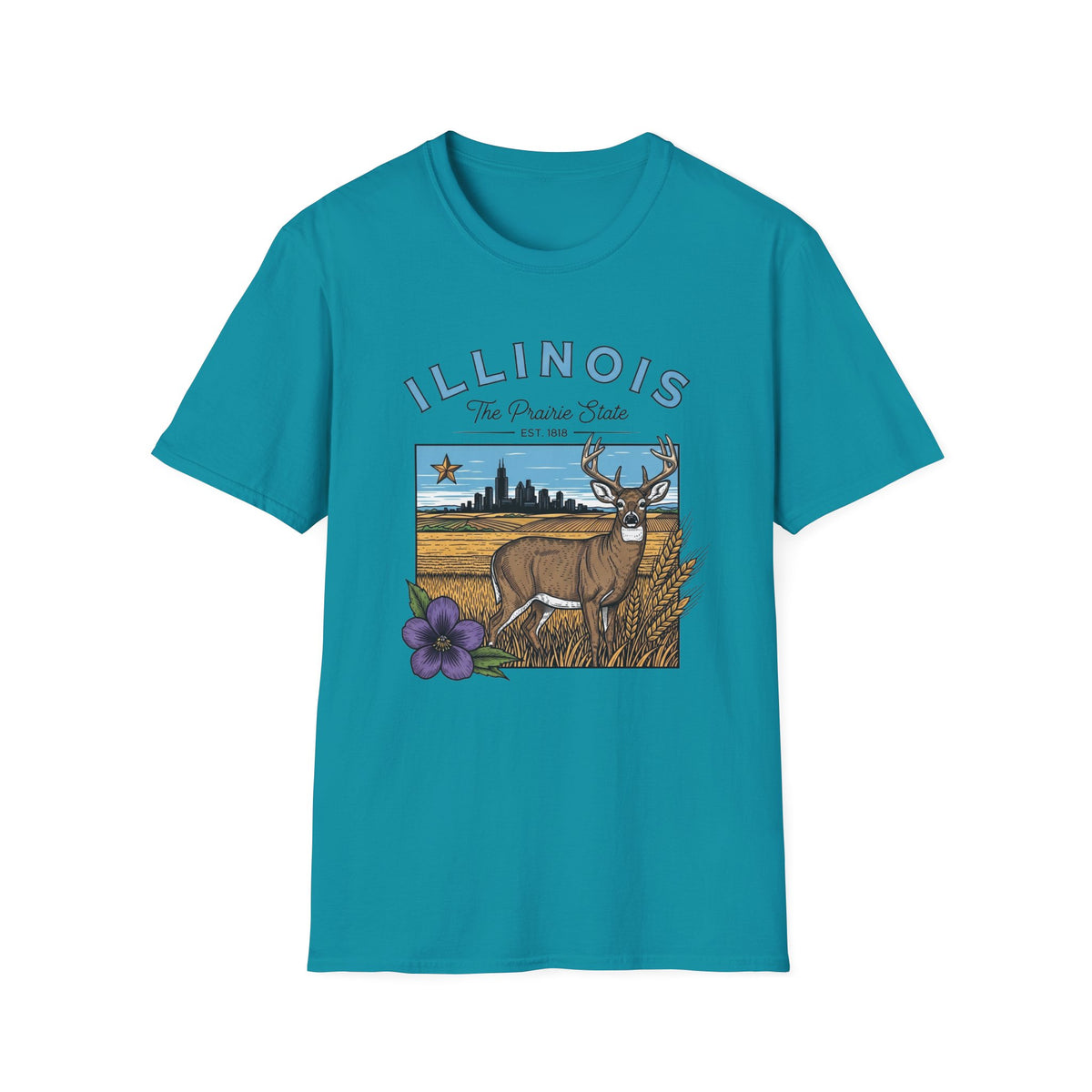 Illinois Deer State T-Shirt — The Prairie State Travel Tourist Graphic Design Unisex 100 Cotton Gildan T-Shirt