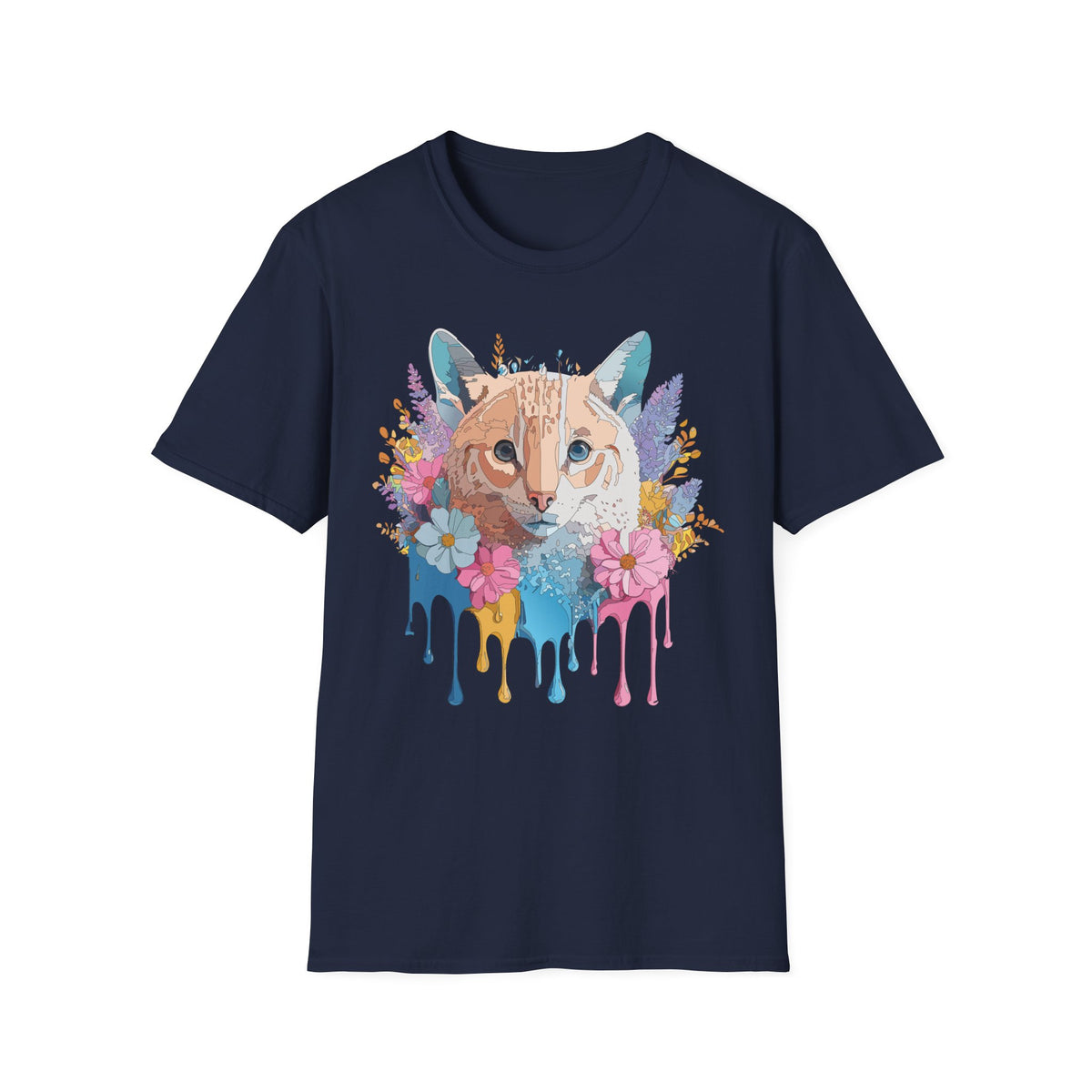 Watercolor Cat Face T-Shirt | Floral Drip Art, Colorful Kitty Tee