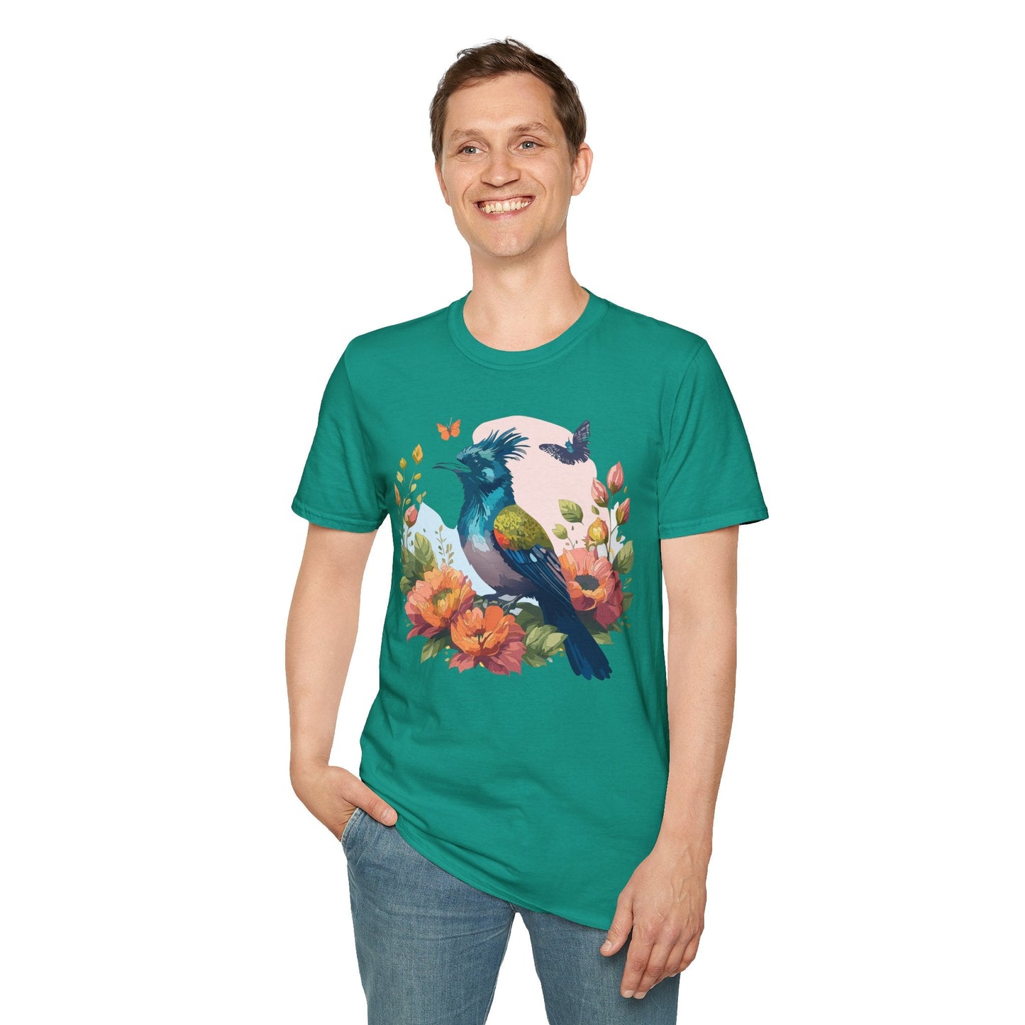 Floral Bird T Shirt Unisex Tee 100 Percent Ring Spun Cotton Softstyle Gildan 64000 Comfort Fit