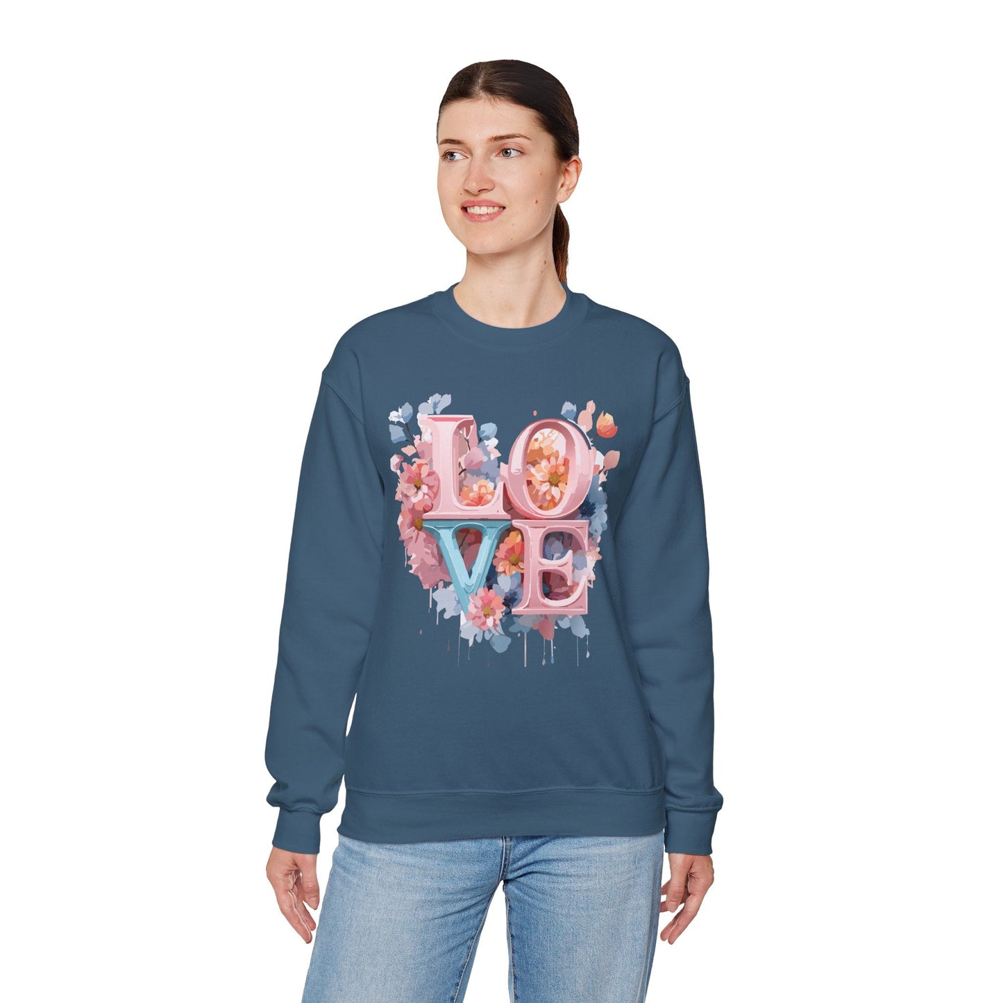 Floral Love Sweatshirt Valentines Day Unisex Heavy Blend Crewneck Gildan 18000 Cotton Polyester