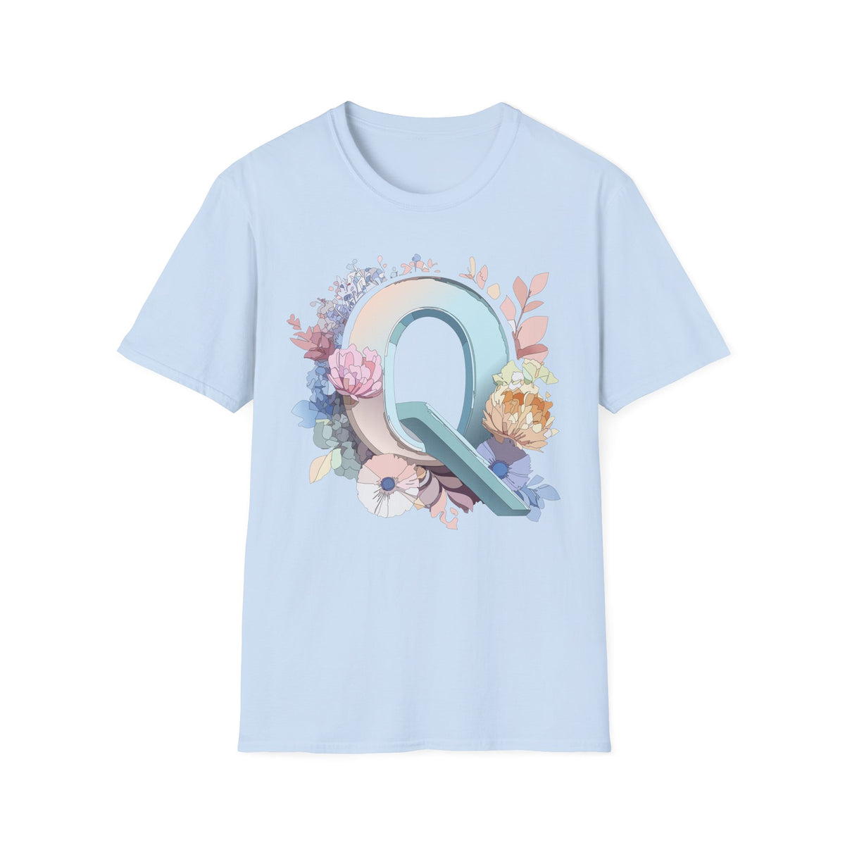 Floral Letter Q T-Shirt | Monogram Initial Tee, Pastel Botanical Alphabet